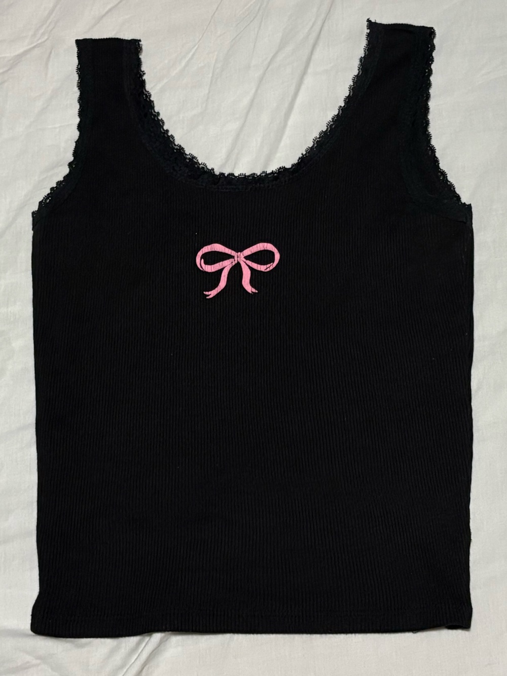 Black Ribbed Tank Top with Pink Bow symbol - Women